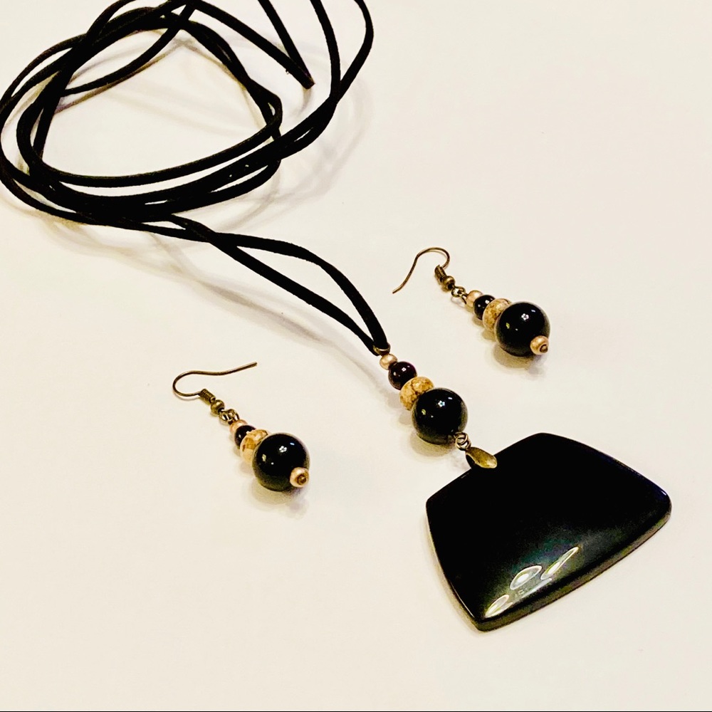 Unique BLACK AGATE Stone w/ Tan Picture Jasper Necklace & Matching Earrings Set - Picture 2 of 9